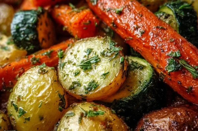 Garlic herb roasted potatoes with carrots and zucchini on a serving plate.