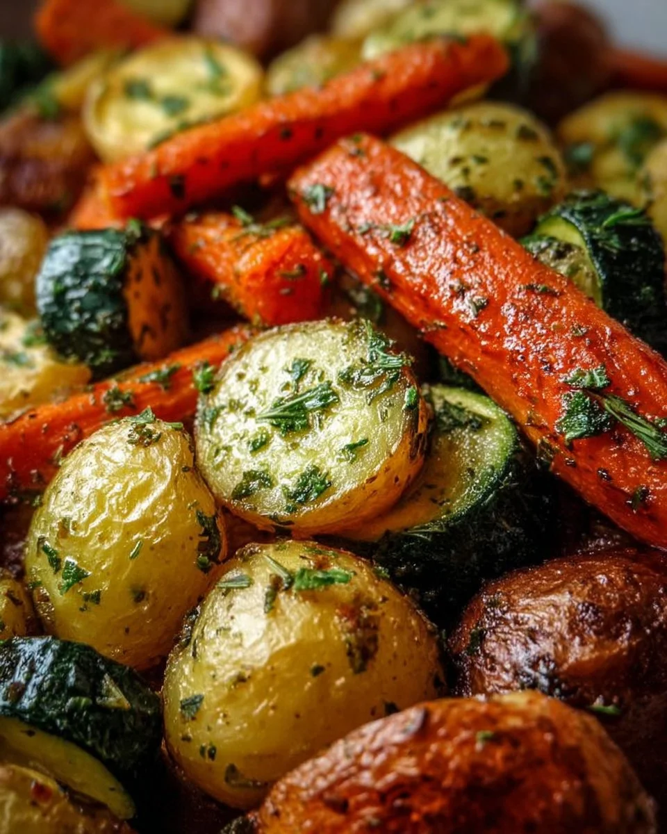 Garlic herb roasted potatoes with carrots and zucchini on a serving plate.