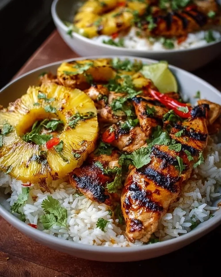 Grilled chicken and pineapple bowl served with coconut rice on a plate