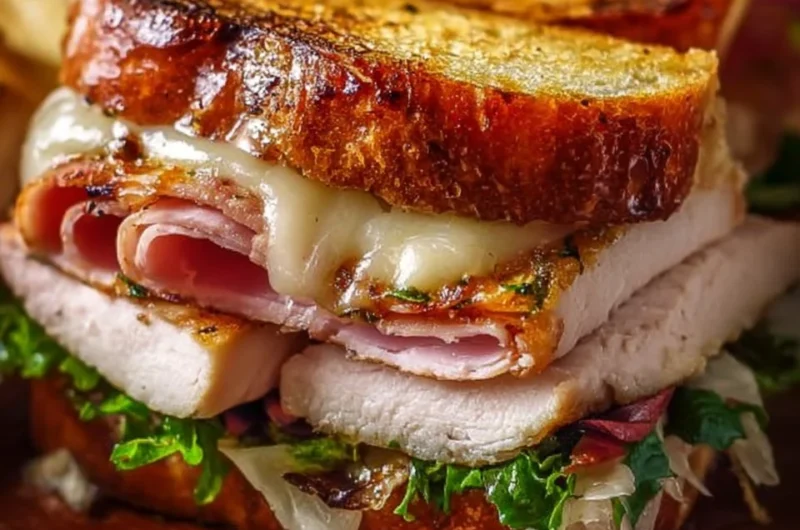 Grilled Chicken Cordon Bleu Sandwich with crispy layers of chicken and ham