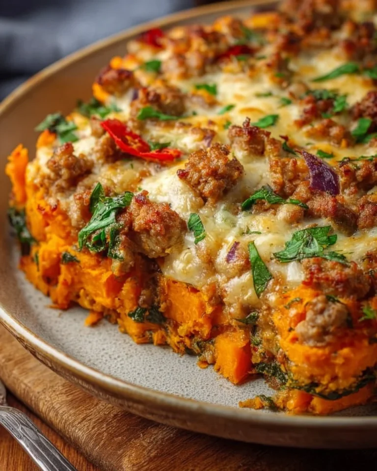 Ground turkey sweet potato bake ready to serve in a casserole dish.