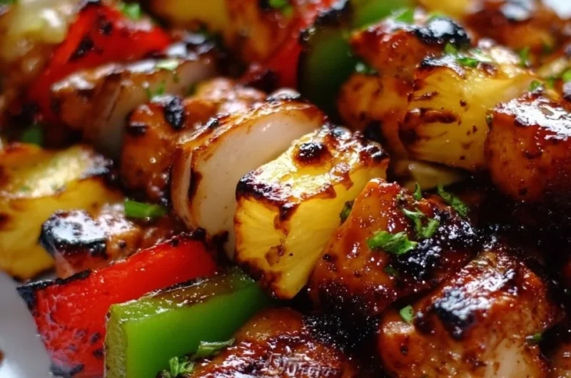 Hawaiian Chicken Kabobs grilled with pineapple and colorful peppers