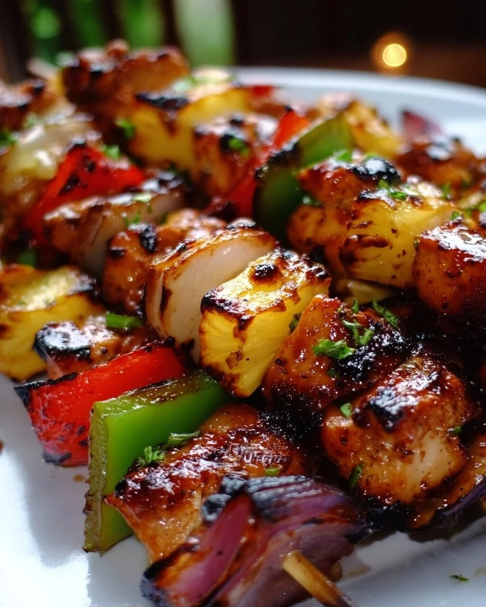 Hawaiian Chicken Kabobs grilled with pineapple and colorful peppers