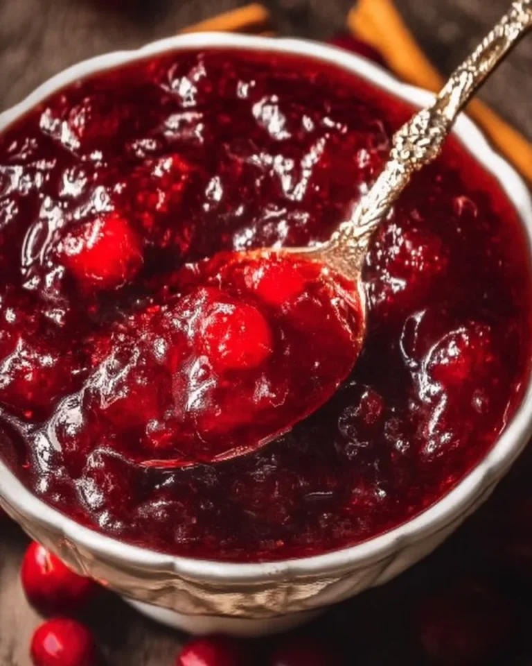 Honey sweetened cranberry sauce with orange and cinnamon in a serving dish.
