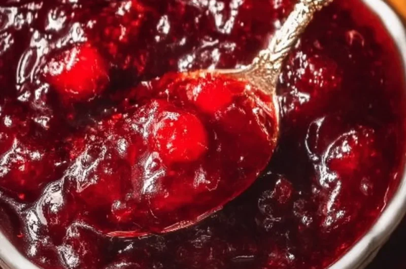Honey sweetened cranberry sauce with orange and cinnamon in a serving dish.