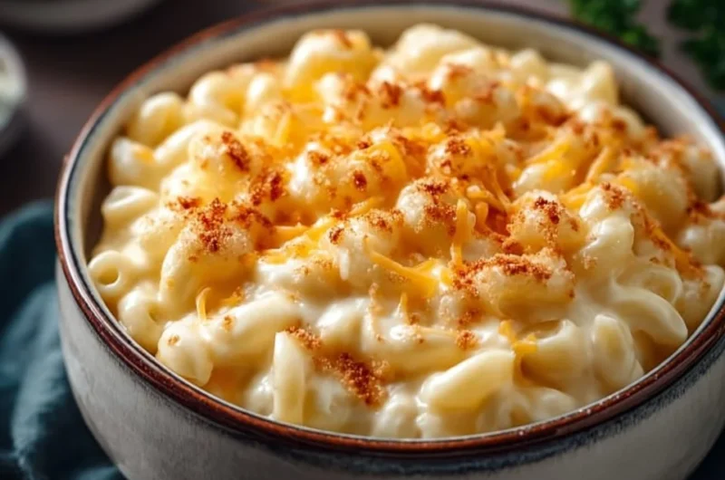 Creamy cottage cheese mac and cheese topped with breadcrumbs and herbs