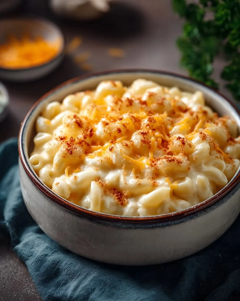 Creamy cottage cheese mac and cheese topped with breadcrumbs and herbs