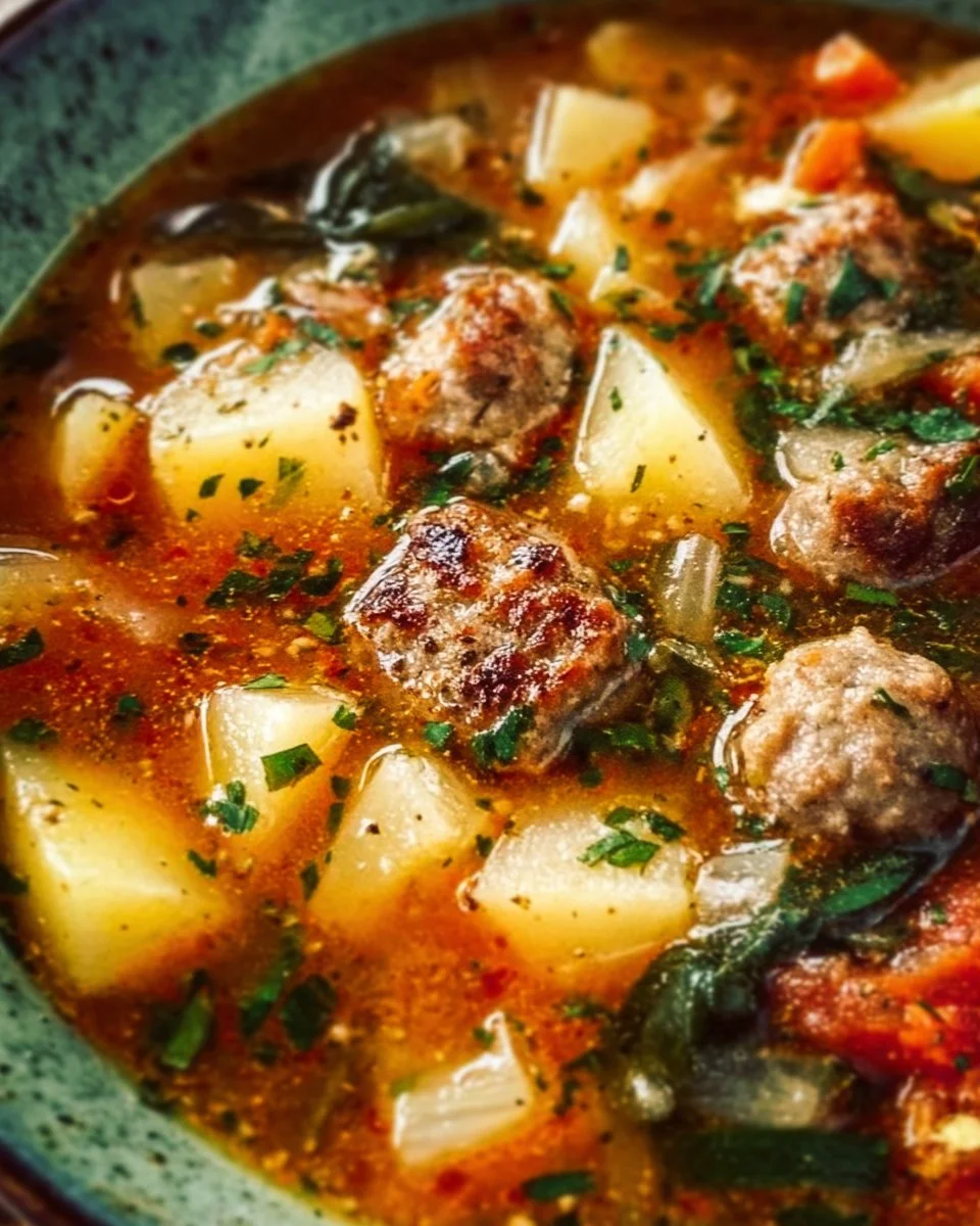 Bowl of Italian Sausage and Potato Soup garnished with herbs