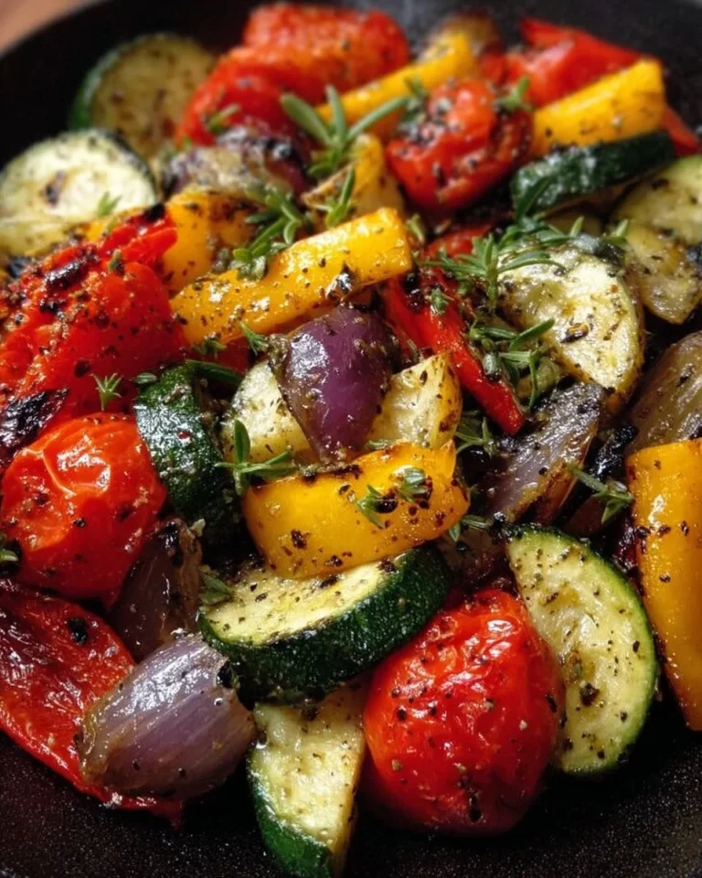Plate of Mediterranean roasted vegetables with colorful peppers, zucchini, and eggplant