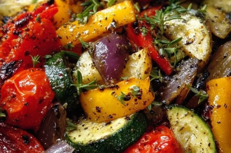 Plate of Mediterranean roasted vegetables with colorful peppers, zucchini, and eggplant