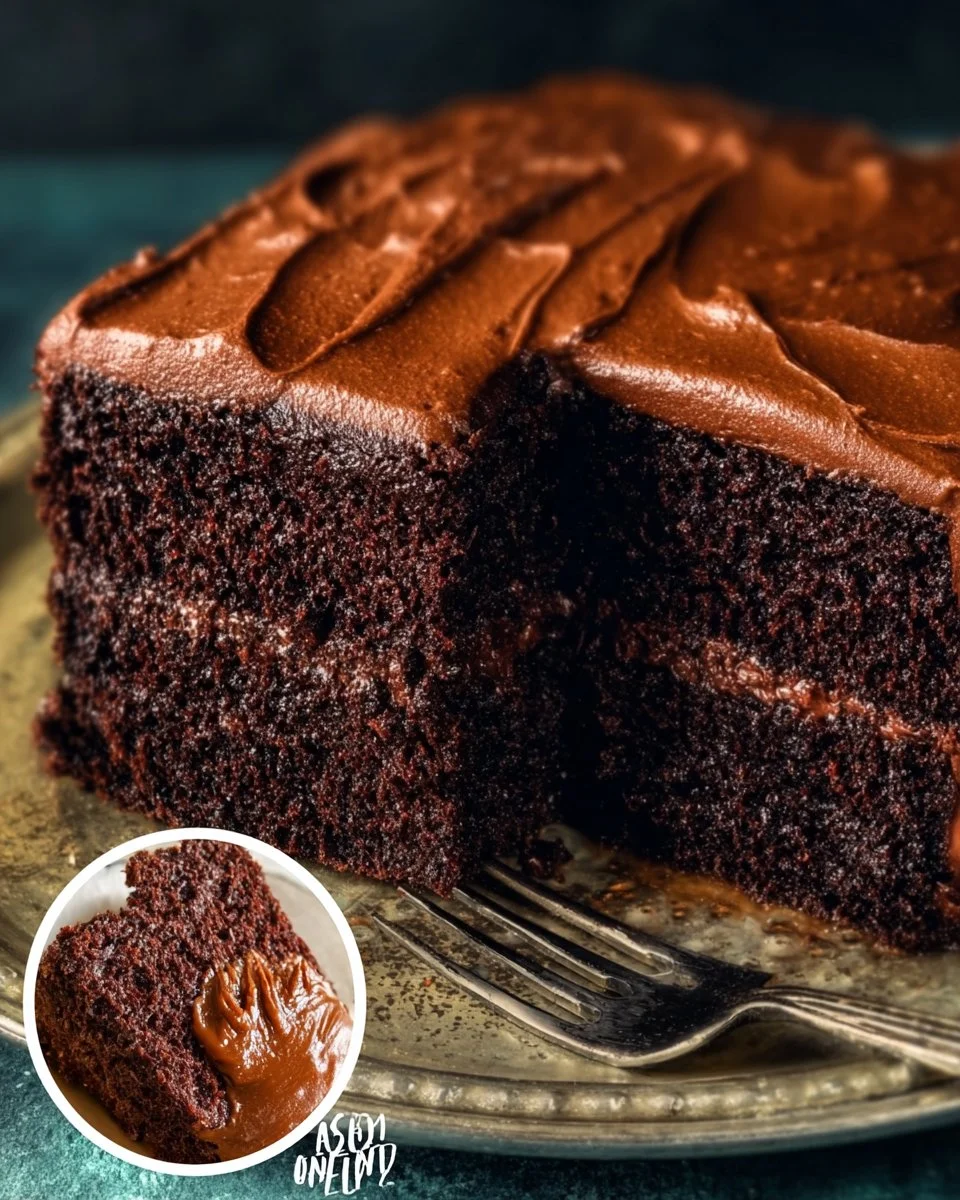 Slice of old-fashioned chocolate cake with homemade frosting on a plate