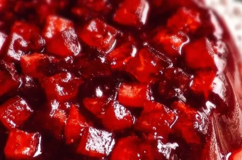 Old-Fashioned Cranberry Jello Salad served in a bowl with a festive garnish.