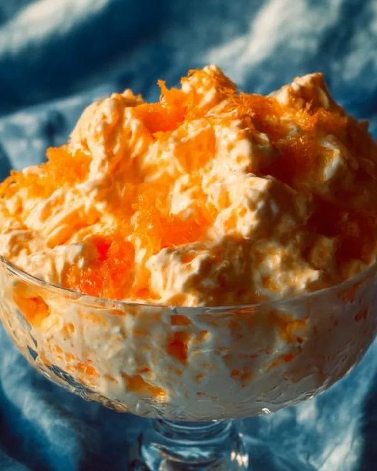 Bowl of vibrant Orange Jello Fluff Salad with fruit toppings