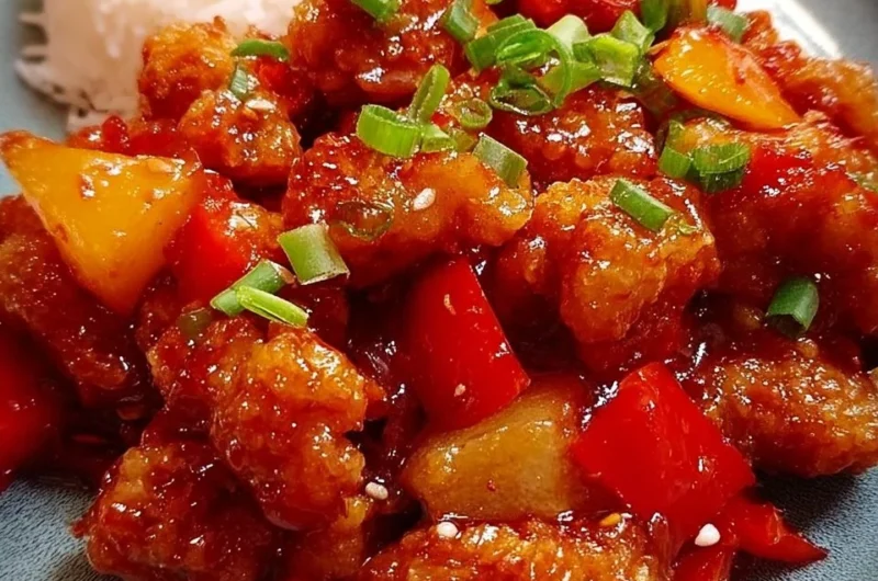 Oven-baked sweet and sour chicken served on a plate with colorful vegetables