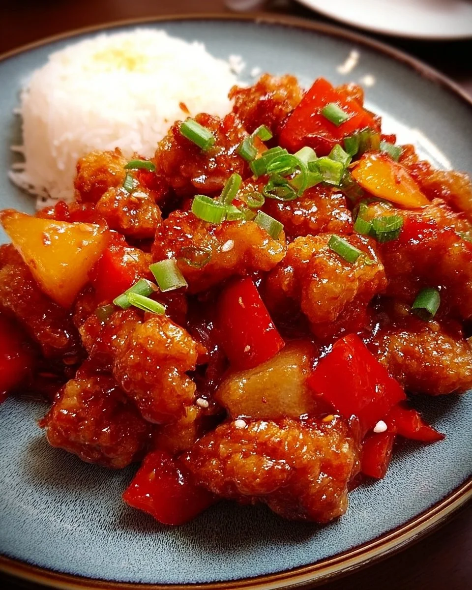 Oven-baked sweet and sour chicken served on a plate with colorful vegetables