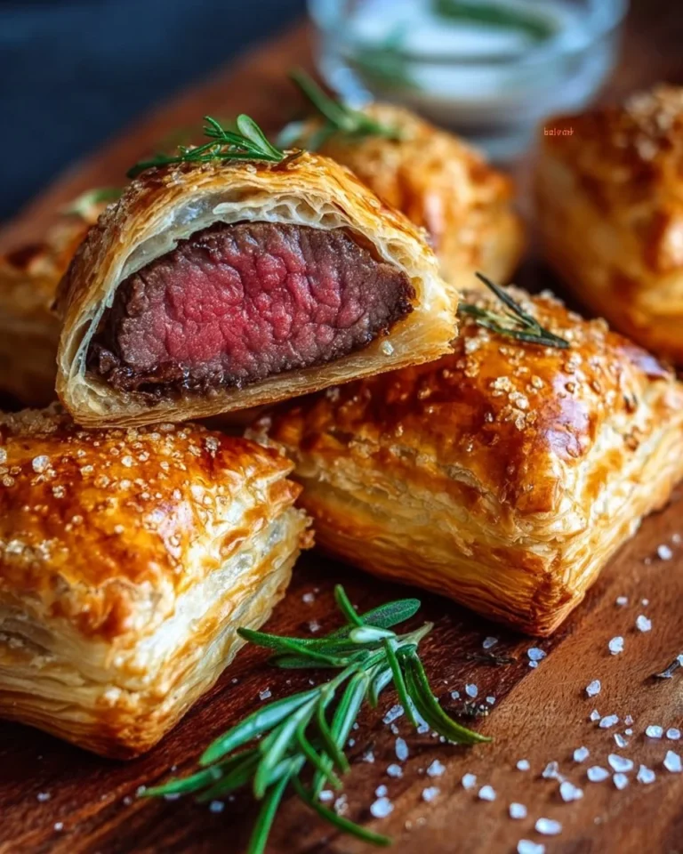 Mini Beef Wellington bites served on a platter with garnishes.