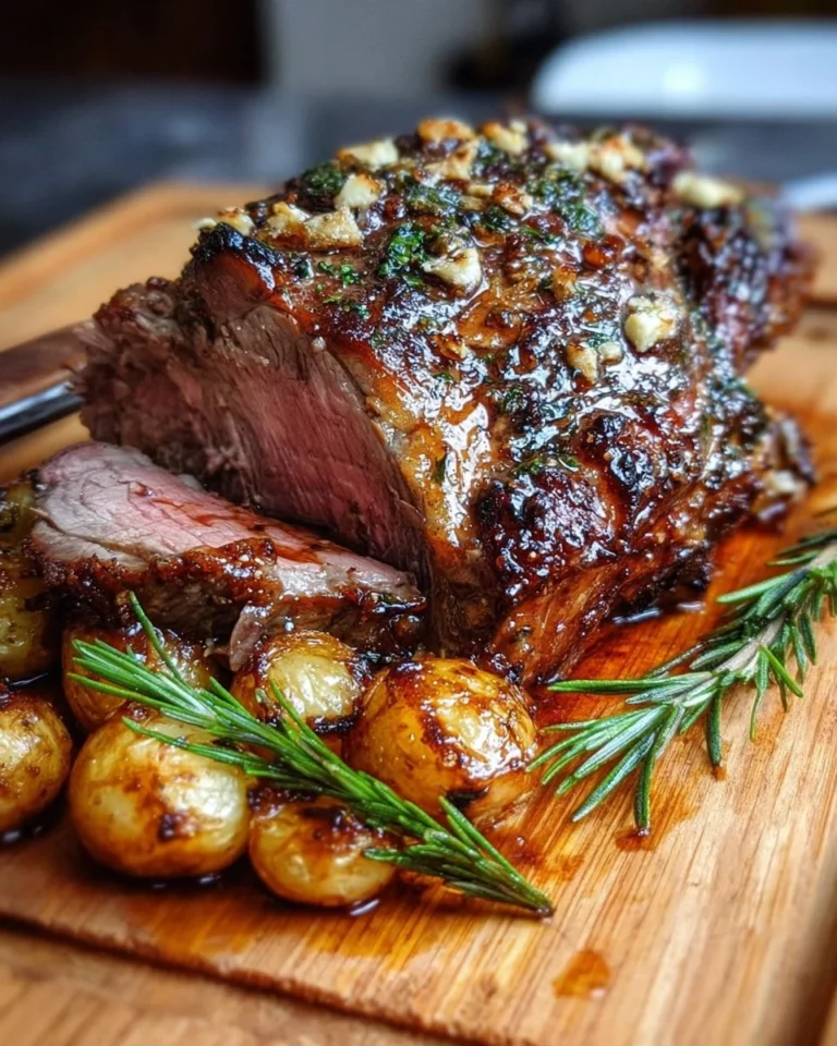 Perfectly roasted leg of lamb served with herbs and sides