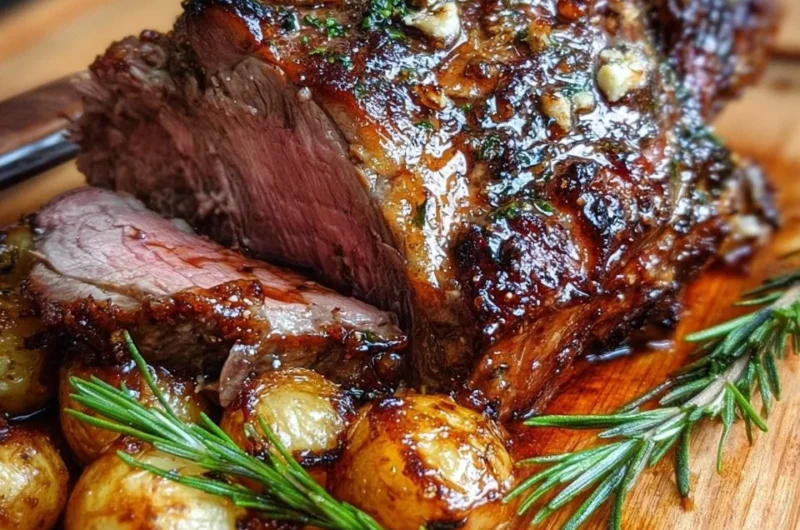 Perfectly roasted leg of lamb served with herbs and sides