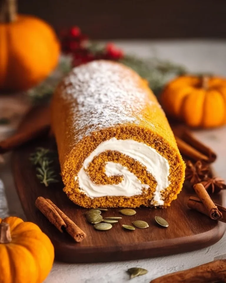 Homemade pumpkin roll with cream cheese filling, ready to serve.