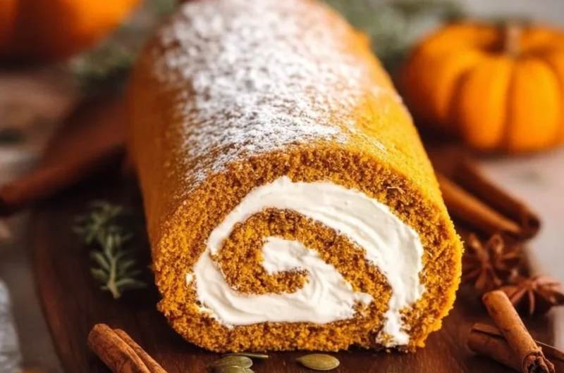 Homemade pumpkin roll with cream cheese filling, ready to serve.