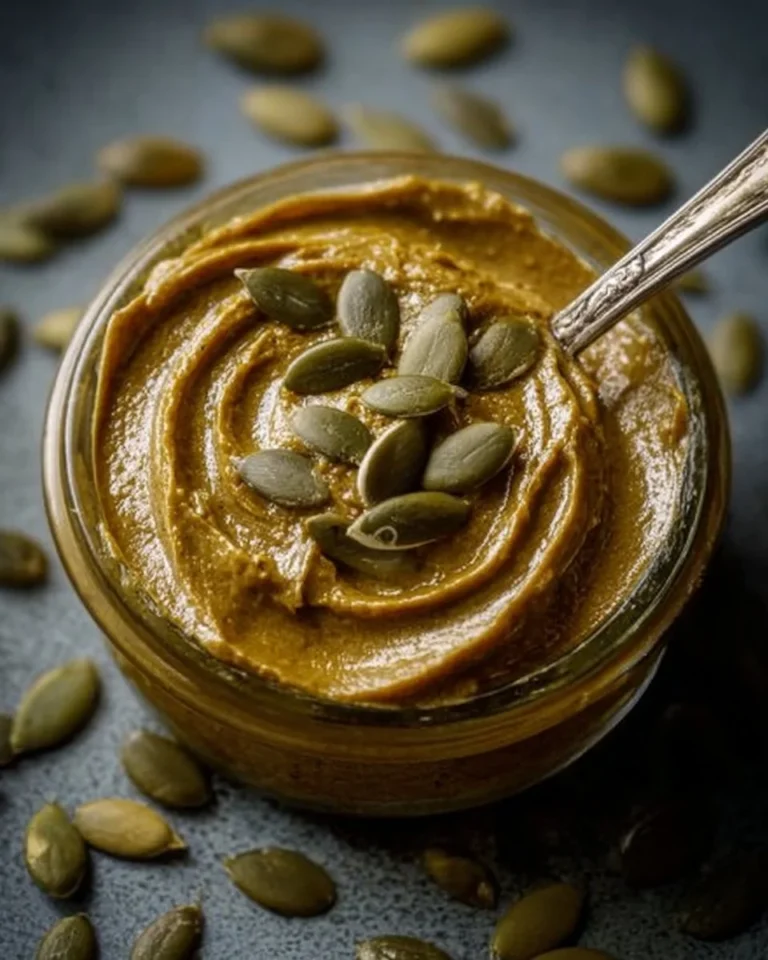 Jar of creamy pumpkin seed butter on a wooden table with pumpkin seeds.