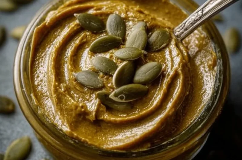 Jar of creamy pumpkin seed butter on a wooden table with pumpkin seeds.