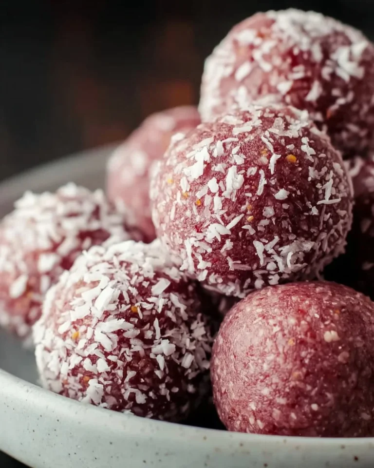 Raspberry coconut energy balls arranged on a plate with coconut flakes.