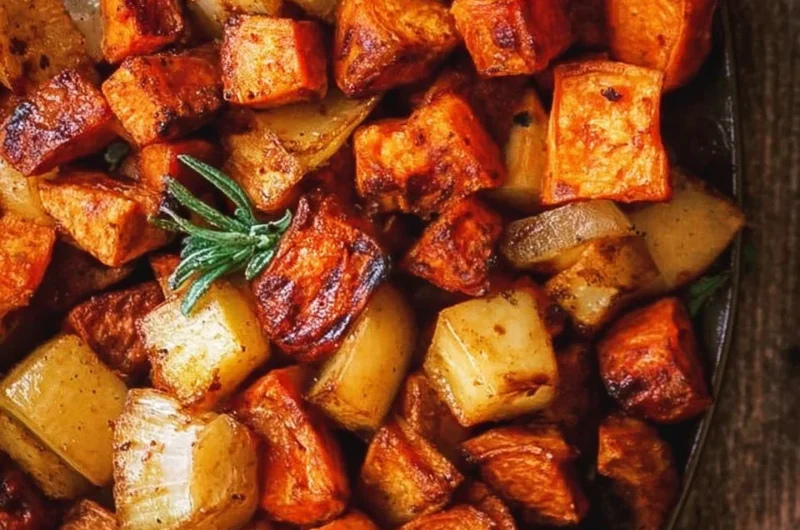 Plate of roasted sweet potatoes and apples, garnished and ready to serve.
