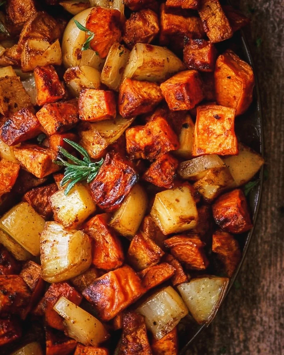 Plate of roasted sweet potatoes and apples, garnished and ready to serve.