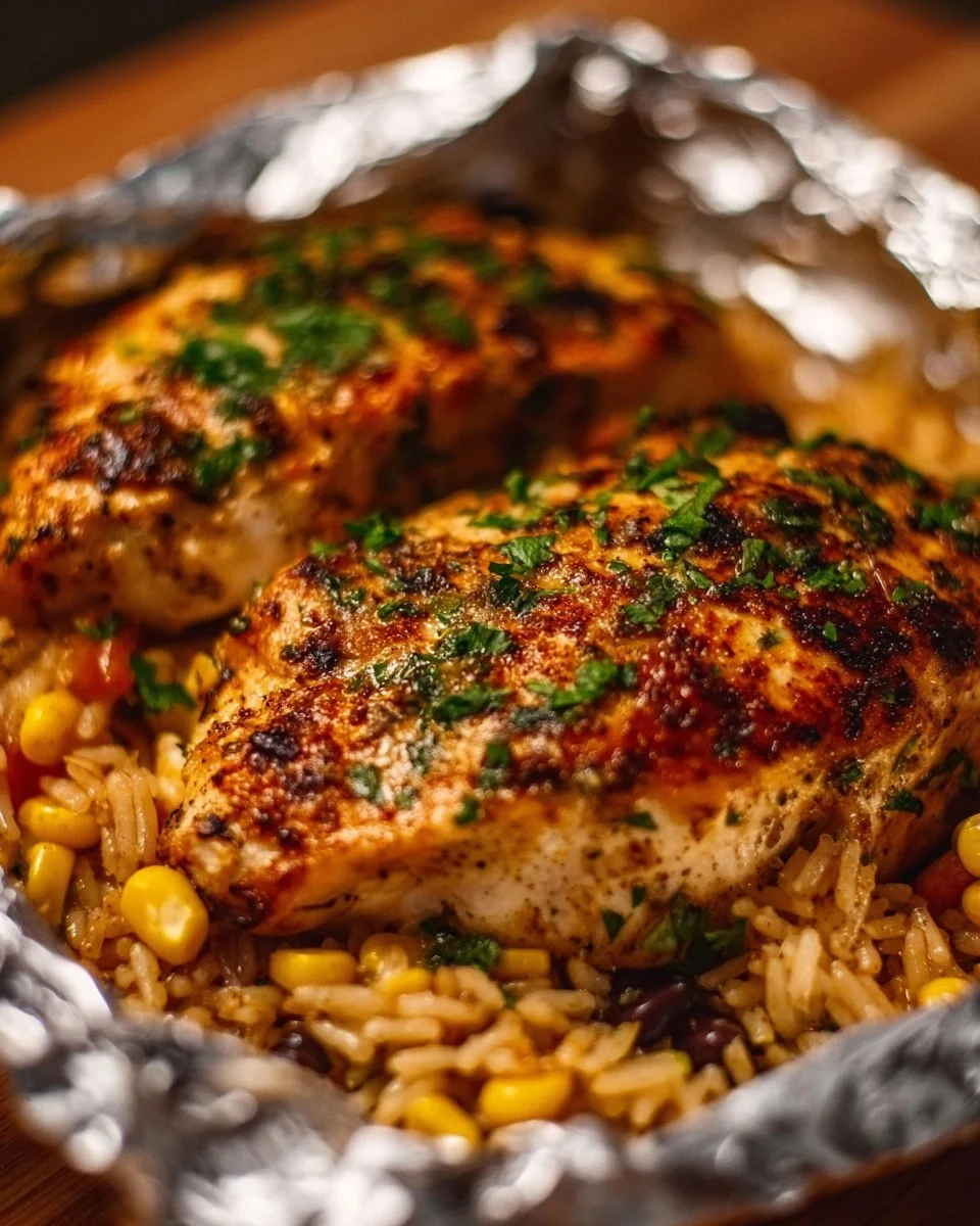 Santa Fe chicken foil packets with colorful vegetables and spices