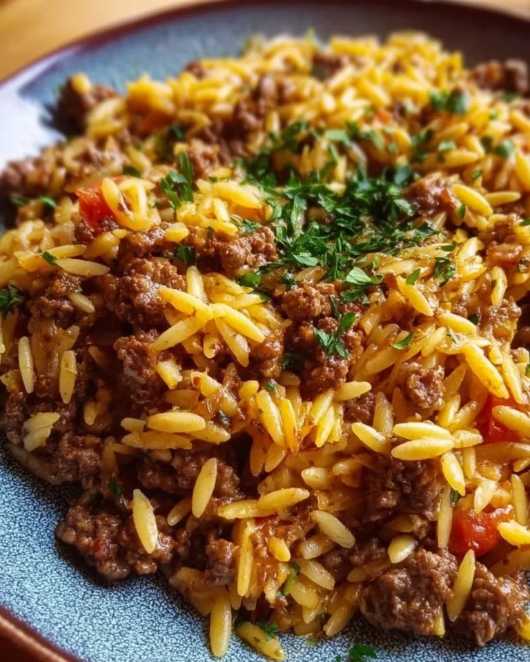 Savory ground beef orzo dish served in a white bowl