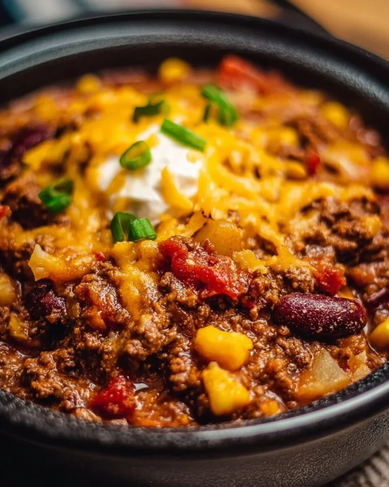 Slow Cooker Cowboy Casserole with ground beef and cheese in a bowl
