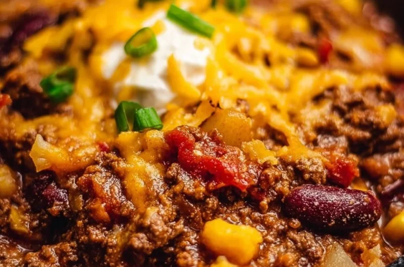 Slow Cooker Cowboy Casserole with ground beef and cheese in a bowl