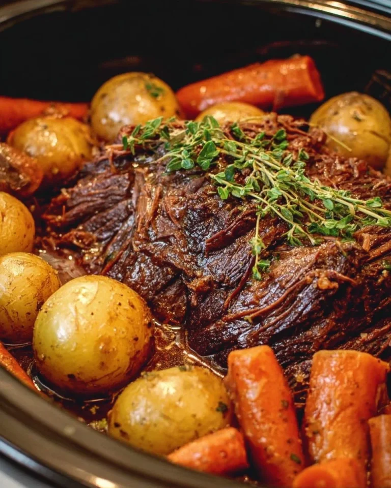 Delicious slow cooker pot roast served with vegetables on a plate.
