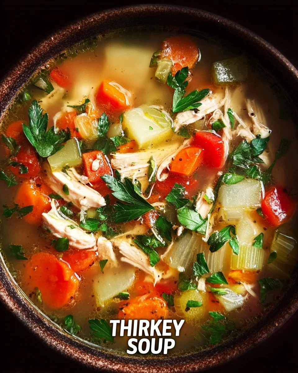 Bowl of cozy turkey soup with vegetables and herbs