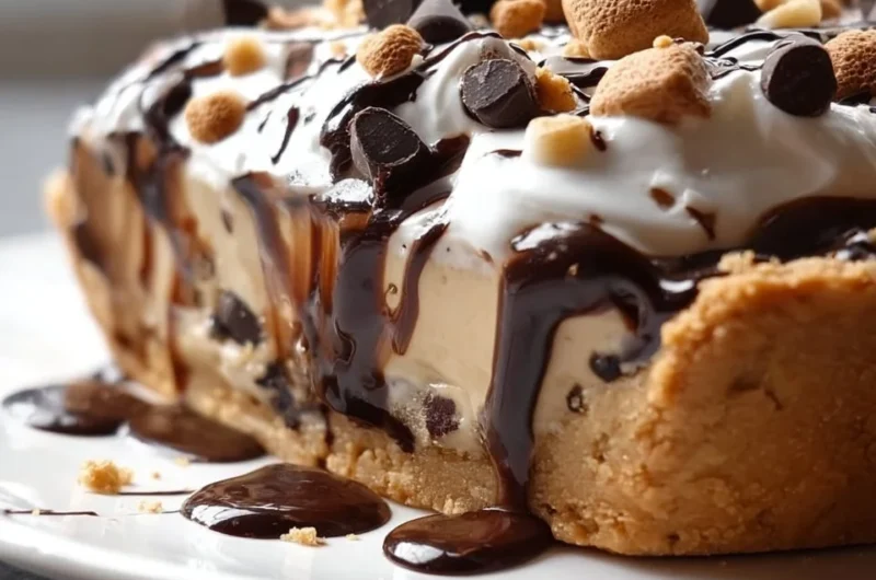 Ultimate Giant S&rsquo;mores Cookie Dough Pie topped with chocolate and marshmallows