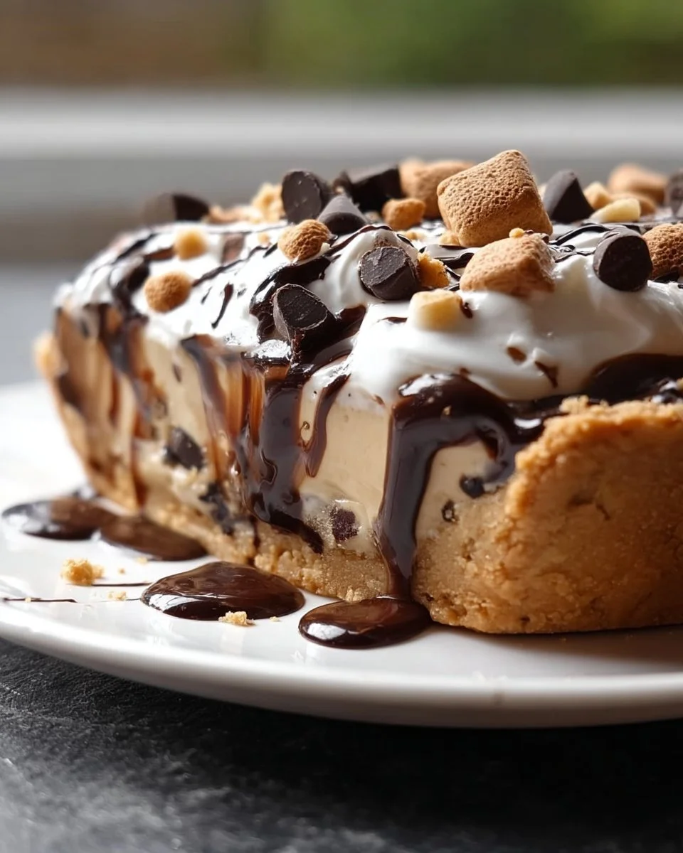 Ultimate Giant S’mores Cookie Dough Pie topped with chocolate and marshmallows