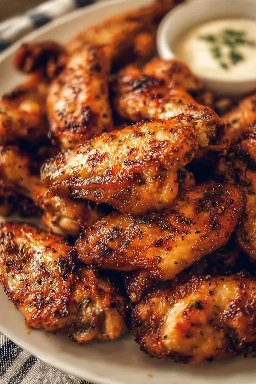 Crispy air fryer chicken wings served with a tangy dipping sauce
