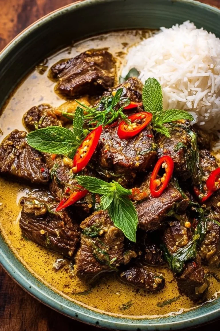 Aromatic Lemongrass Coconut Braised Beef served in a white bowl with herbs