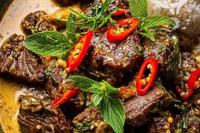 Aromatic Lemongrass Coconut Braised Beef served in a white bowl with herbs