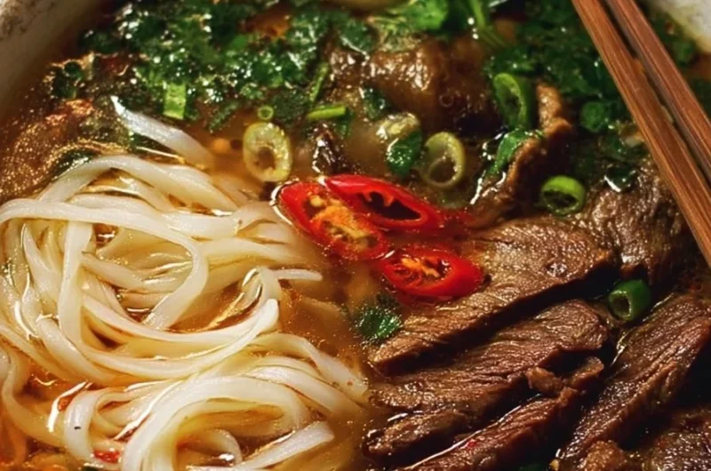 Bowl of beef and lemongrass noodle soup garnished with fresh herbs