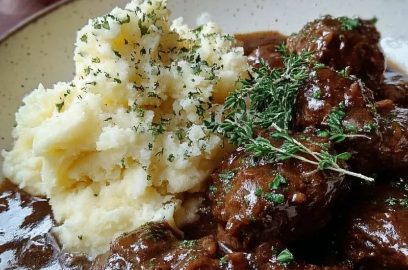 Tender beef tips cooked in rich gravy served over mashed potatoes.