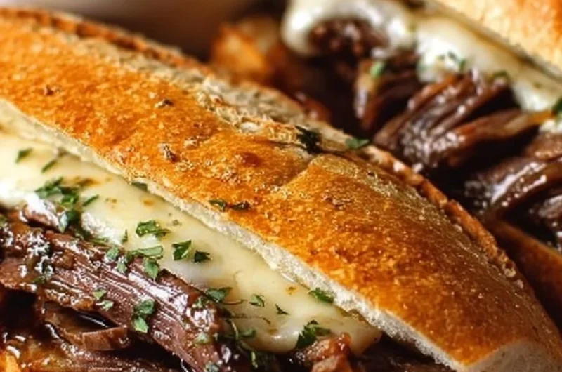 Delicious and hearty French Dip sandwich with juicy beef and dipping broth