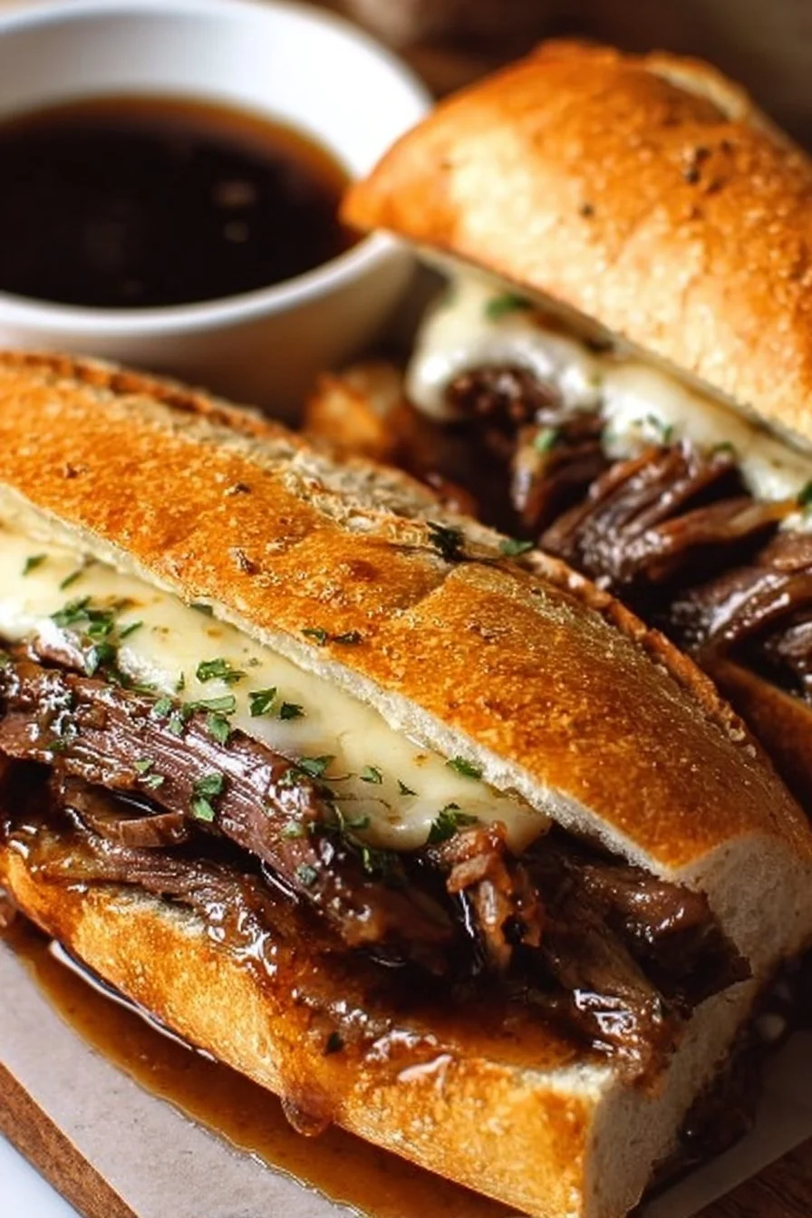 Delicious and hearty French Dip sandwich with juicy beef and dipping broth