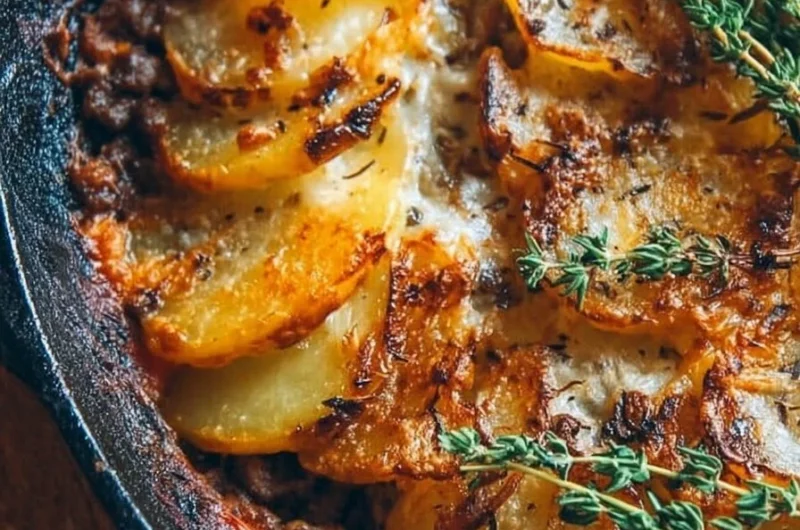 Delicious mushroom hotpot with ground beef, lentils, and potatoes in a bowl.