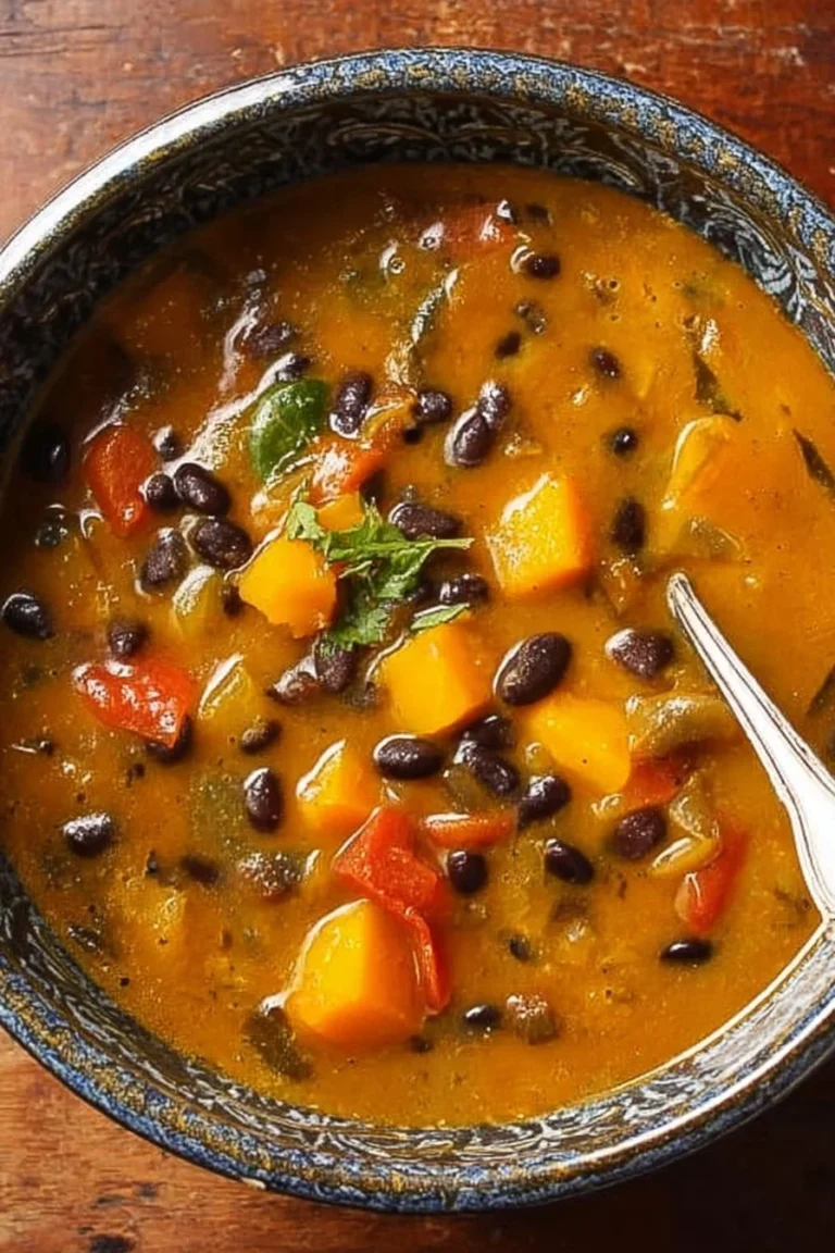 Delicious black bean butternut squash stew in a bowl, garnished with herbs.