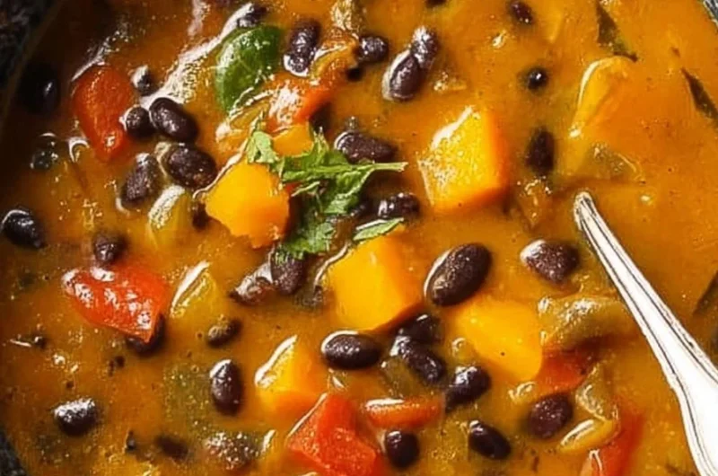 Delicious black bean butternut squash stew in a bowl, garnished with herbs.