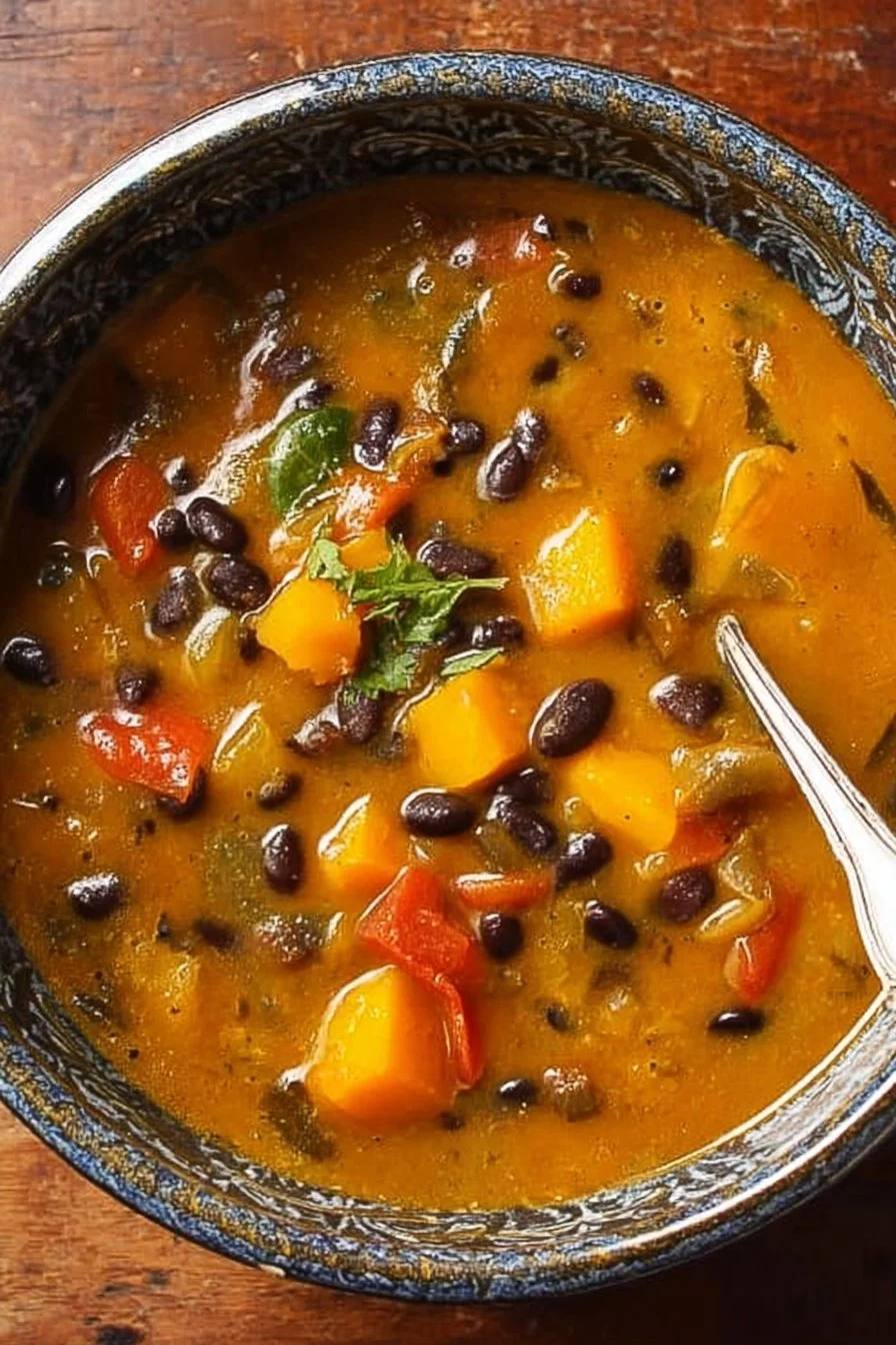 Delicious black bean butternut squash stew in a bowl, garnished with herbs.