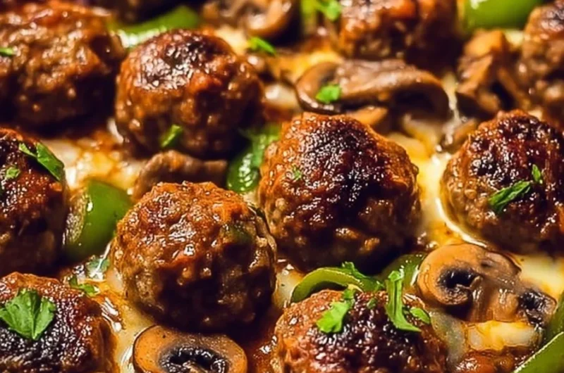 Cheesy Green Chile Cowboy Meatballs with Mushrooms served on a plate.