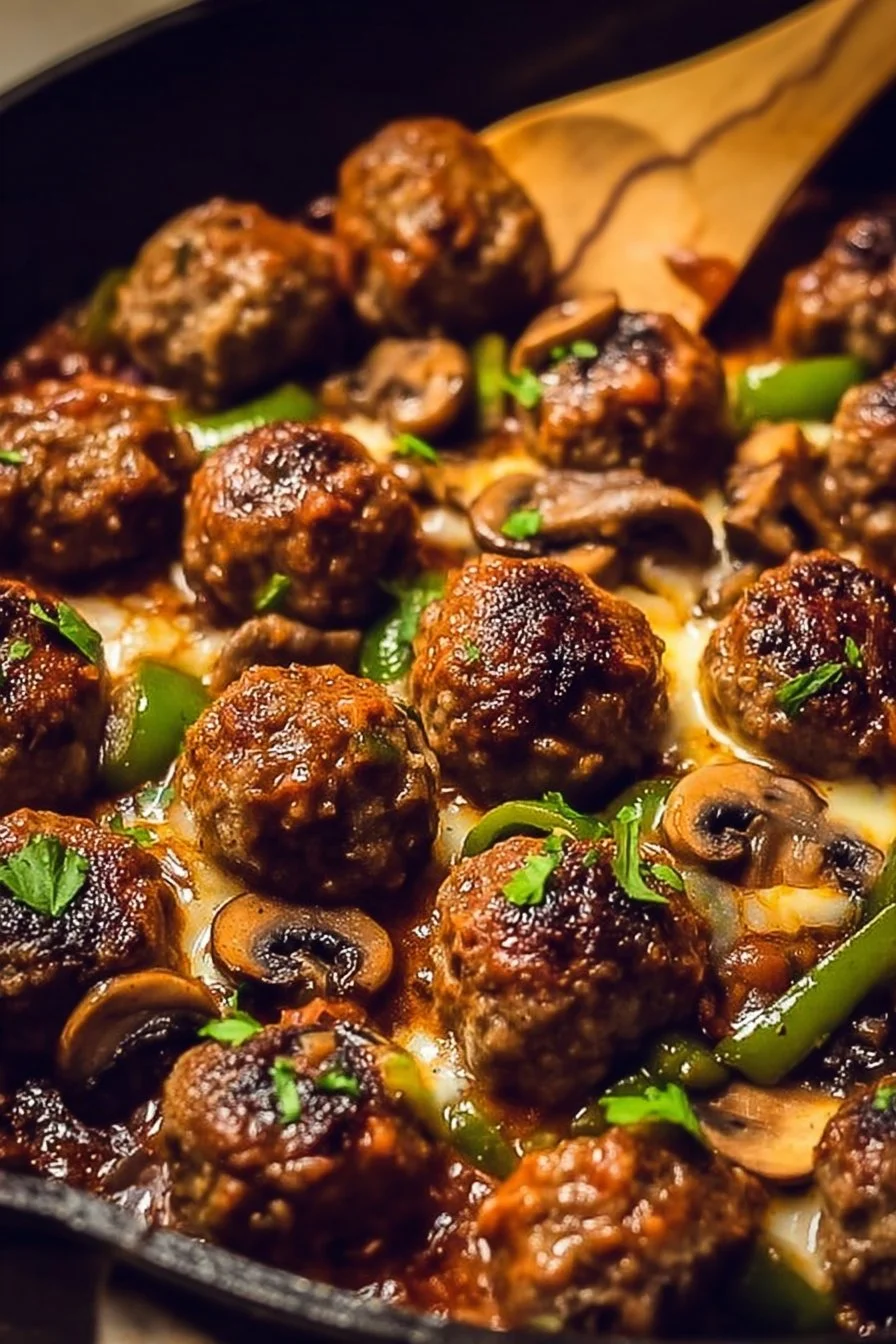Cheesy Green Chile Cowboy Meatballs with Mushrooms